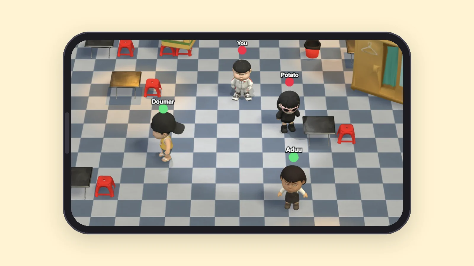 The lobby on a phone: four named players standing around before a match starts.