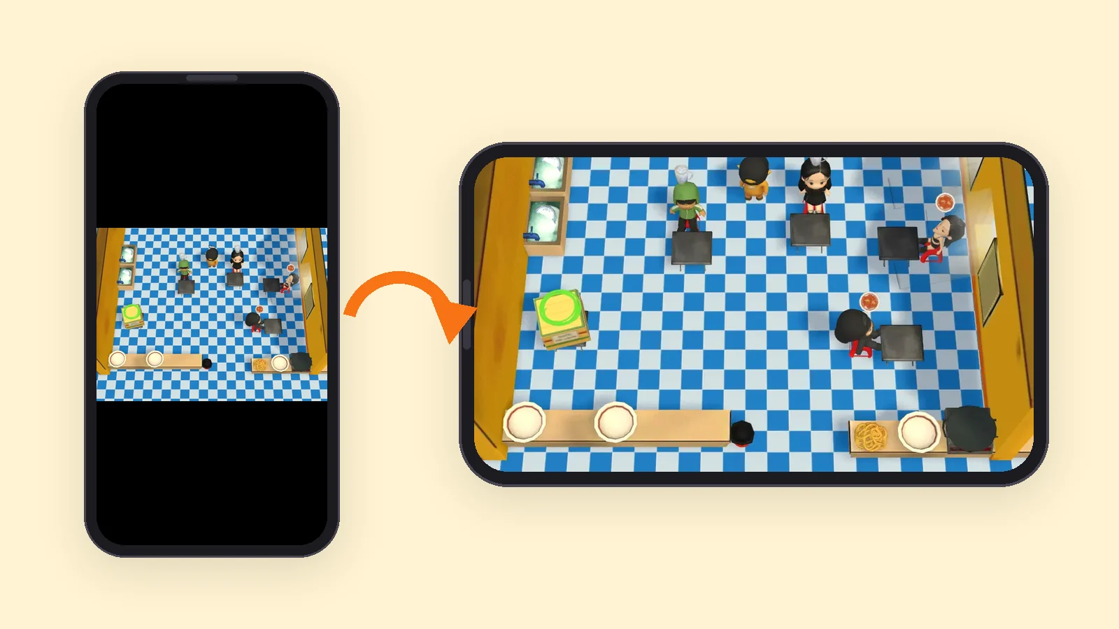 The kitchen letterboxed on an upright phone next to the same kitchen filling a phone held sideways.